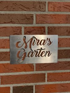 Schild Edelstahl Miras Garten