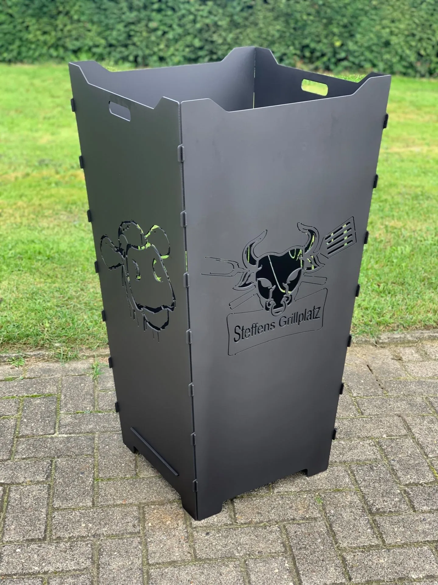 Feuerkorb-Feuertonne-Geschenk-Geburtstag-Kuh-Bulle-Grillplatz