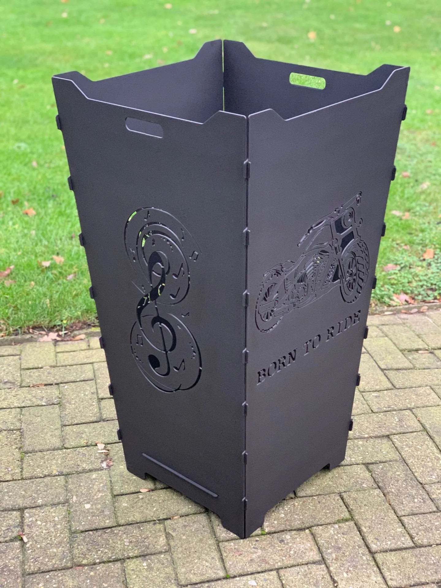 Feuerkorb-Feuertonne-Harley-Davidson-Motorrad-Born-to-Ride-Notenschlueassel-Musik-Hobby