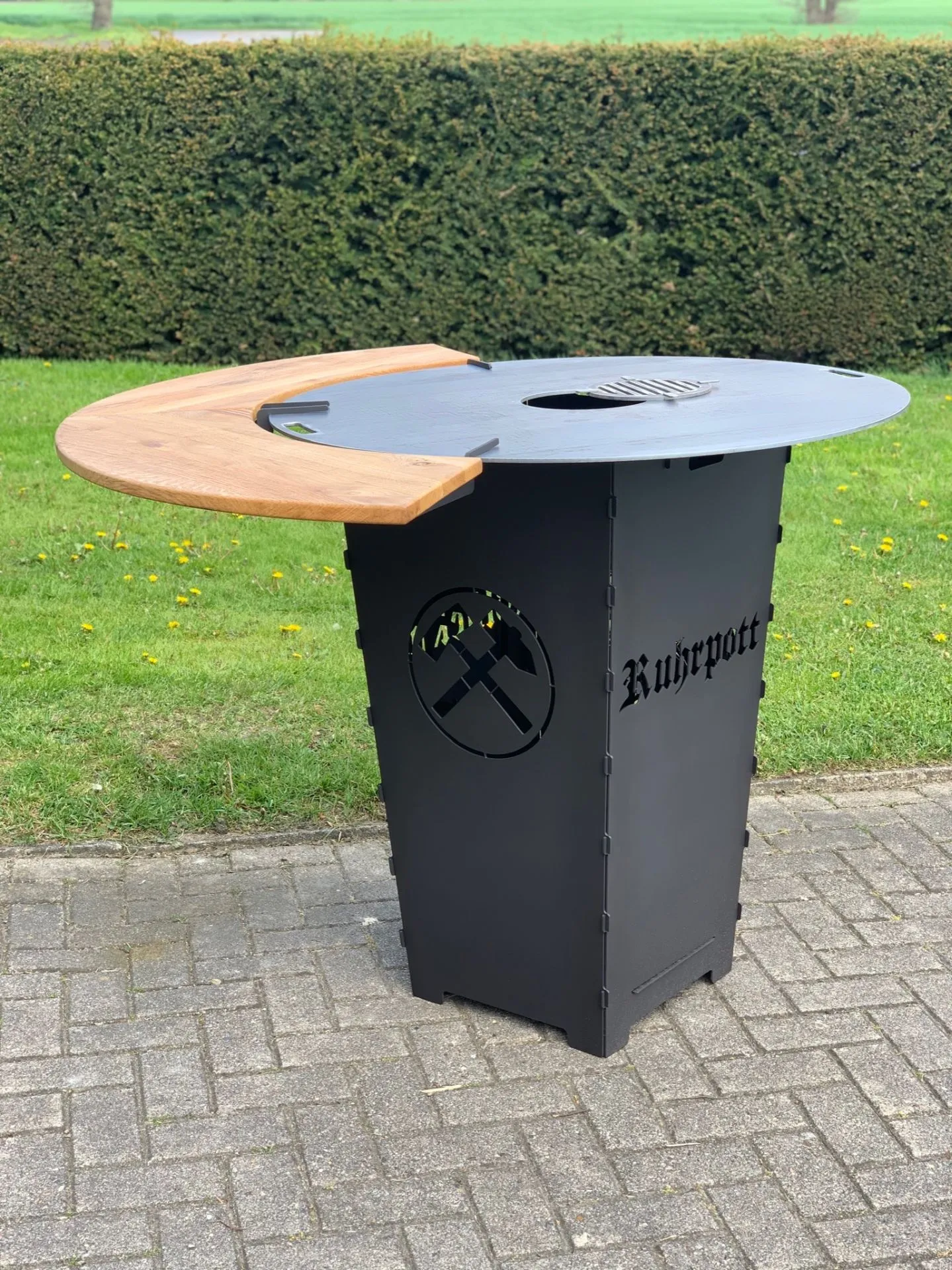 Feuerkorb-Feuertonne-Ruhrpott-Glueck-auf-Schleagel-Eisen-Bergbau-Grillplatte-Plancha