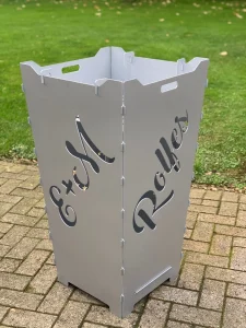 Feuerkorb-Feuertonne-Schreibschrift-Rolfes-Familie-silber